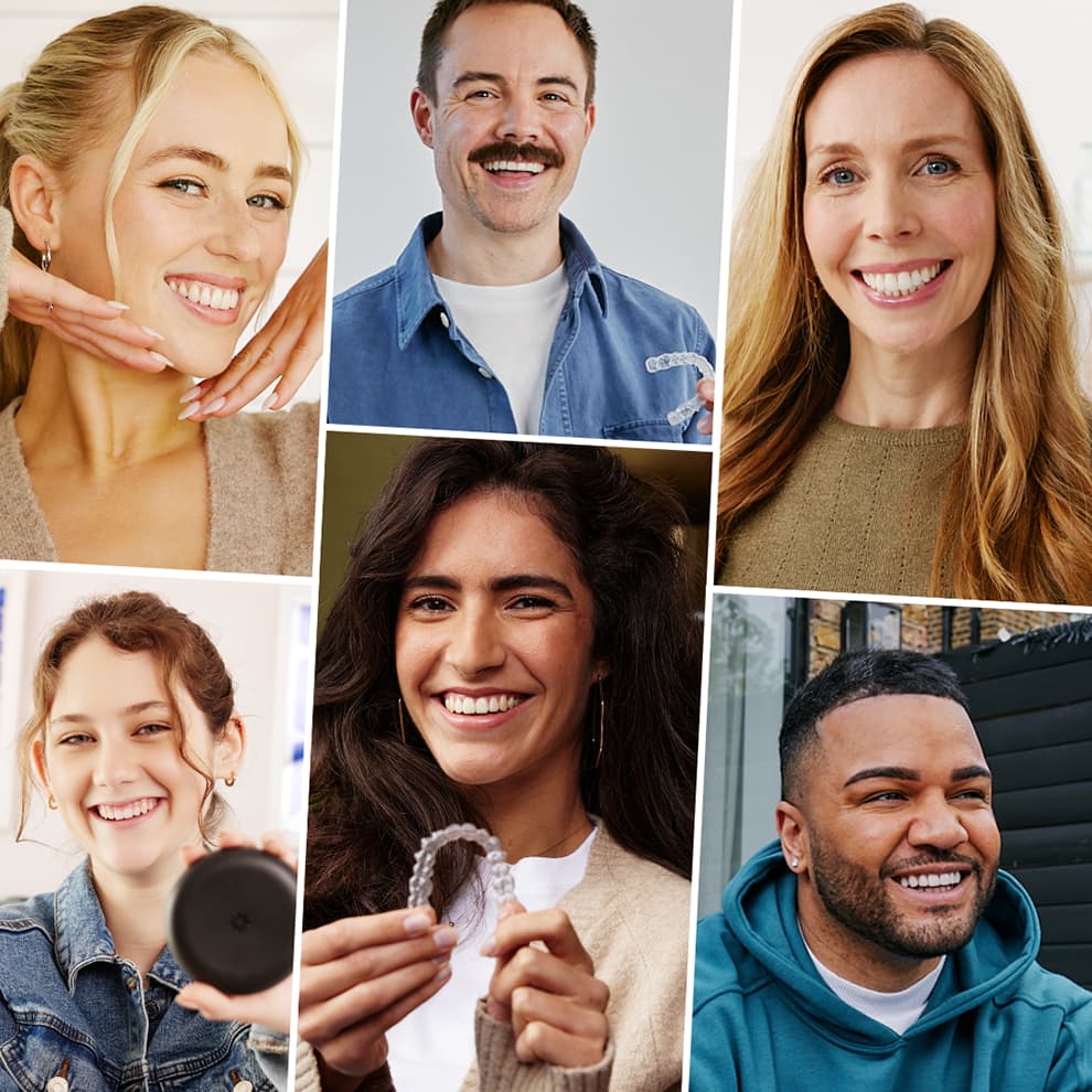 Six different people smiling after Invisalign treatment and showing their Invisalign aligners
