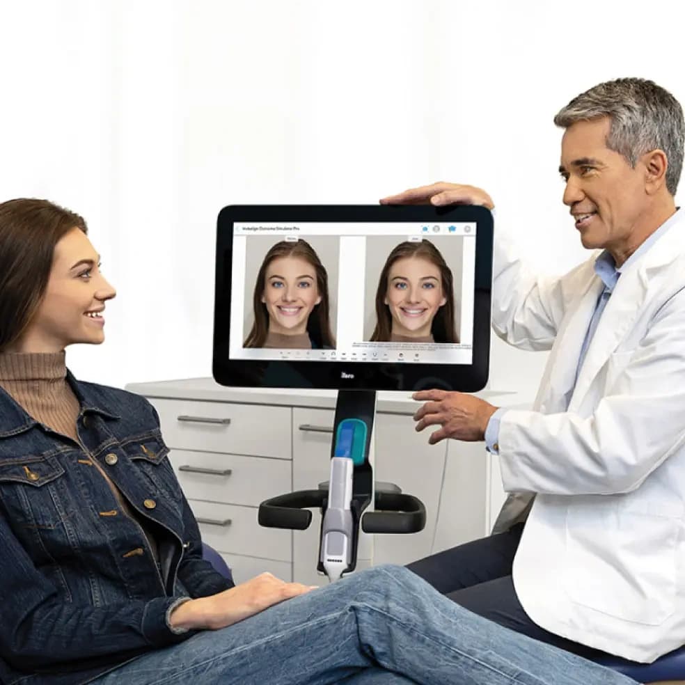 Invisalign® doctor showing his patient the smile she will have after the treatment